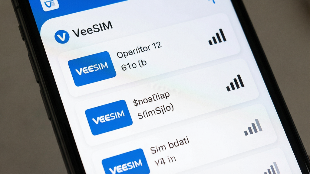 一张展示VeeSIM读取SIM卡信息的手机截图风格图片,主体为手机屏幕特写,布局为屏幕中央显示SIM卡信息列表,排版为纵向排列各字段,风格为简洁清爽的卡片式设计,细节包括VeeSIM应用名称、运营商标志、信号格图标、数据字段标签,画质为高清干净无多余元素