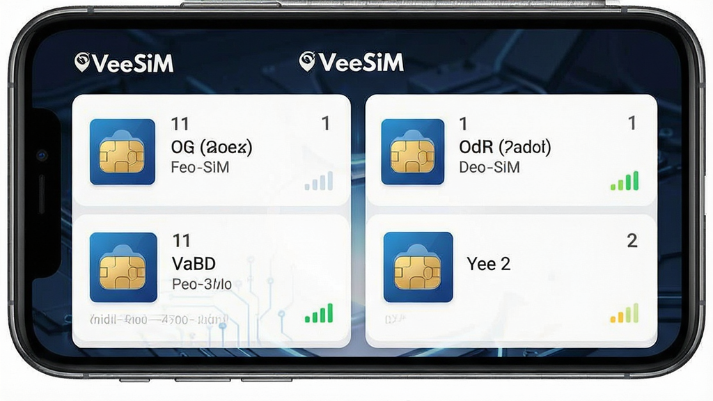 一张展示VeeSIM双卡管理界面的图片,主体为手机屏幕显示两张SIM卡信息,布局为上下分栏分别展示卡1和卡2,排版为对称式布局,风格为现代简约科技风,细节包括VeeSIM标题、两张SIM卡图标、各自运营商名称和信号强度指示,画质为高清干净无多余元素