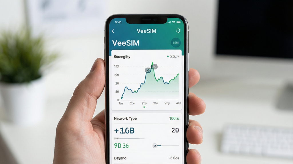 一张展示VeeSIM在手机上运行并显示信号监测数据的图片,主体为手持手机查看应用界面,布局为手机屏幕占据画面中心,排版为应用界面清晰可见,风格为生活化科技场景,细节包括VeeSIM应用名称、信号强度曲线图、网络类型文字,画质为高清干净无多余元素