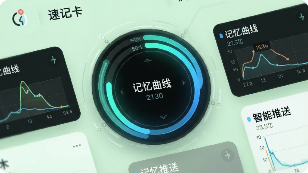 速记卡应用内智能复习模式的界面截图,画面展示了一个环形进度图和几张卡片,卡片上有“记忆曲线”和“智能推送”的文字提示,背景为淡绿色,布局清晰,风格科技感十足,细节上进度条带有发光效果,画质细腻,干净无多余元素