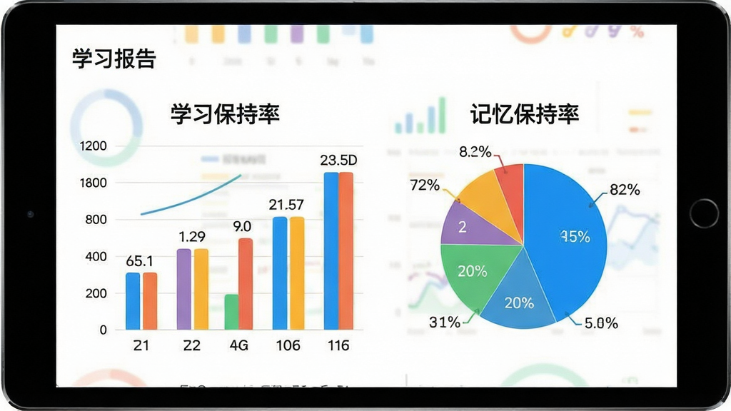 速记卡软件生成的学习数据统计图表,画面中有一个柱状图和一个饼图,图表颜色鲜艳,旁边有“学习报告”和“记忆保持率”的文字标注,背景为白色,布局规整,风格商务清新,细节上图表带有数据标签,画质清晰,干净无多余元素
