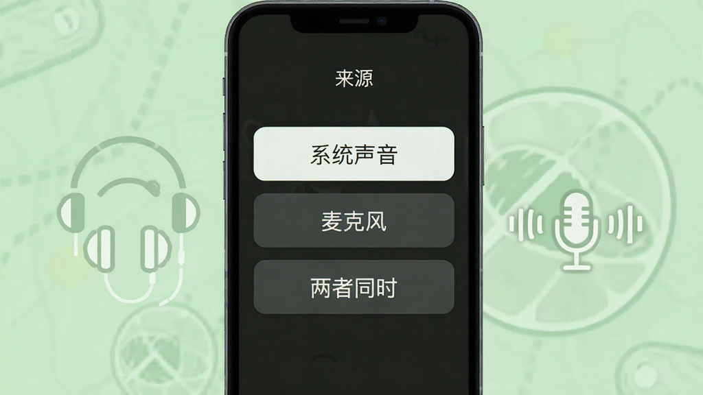 一张录屏一点通声音设置界面的示意图,画面中手机屏幕显示声音来源选项,有