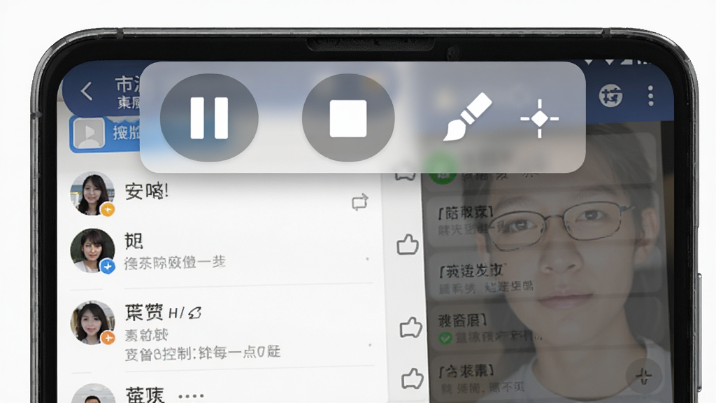 一张录屏一点通悬浮窗控制功能的展示图,画面中安卓手机屏幕上方有一个半透明的悬浮控制条,上面有暂停、停止、画笔等图标按钮,手机背景是正在操作的社交软件界面,整体风格简洁实用,排版清晰,画质干净,无多余元素