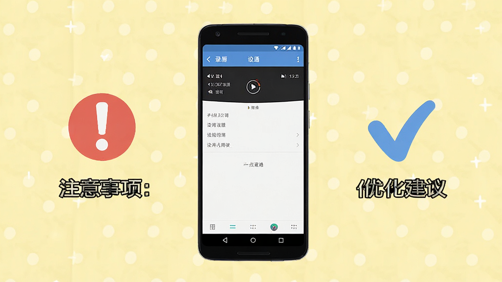 一张录屏一点通使用技巧示意图,画面中一部安卓手机显示录屏一点通的设置页面,旁边有红色感叹号和蓝色对勾图标分别标注注意事项和优化建议,背景是浅黄色调,风格清新简洁,排版清晰,画质干净,无多余元素