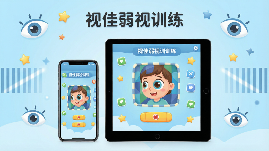 一张展示视佳弱视训练软件主界面的手机和平板样机图,画面中央放置一部智能手机和一台平板电脑,屏幕内显示色彩鲜明的视觉训练图案与卡通风格界面,背景为柔和的浅蓝色渐变,周围点缀眼睛、星星、光栅条纹等视觉元素,排版简洁居中,风格清新明快,细节清晰,画质高清,干净无多余元素,图中文字标注“视佳弱视训练”