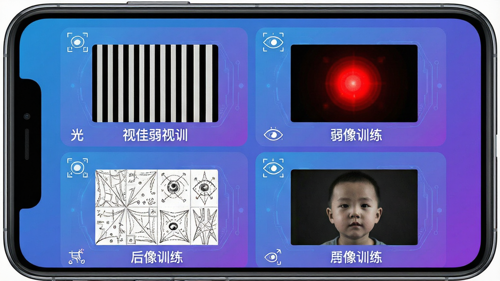 一幅AI生成的视佳弱弱视训练软件功能展示图,画面主体为一部手机屏幕,屏幕内分格展示光栅条纹、红光闪烁、精细图案描红、后像训练四种模式的小窗口,每个窗口配有简洁图标和中文标签,布局为两行两列网格排列,风格扁平化科技感,色调以蓝紫渐变为主,细节清晰,画质高清,干净无多余元素,图中文字标注“视佳弱视训练”