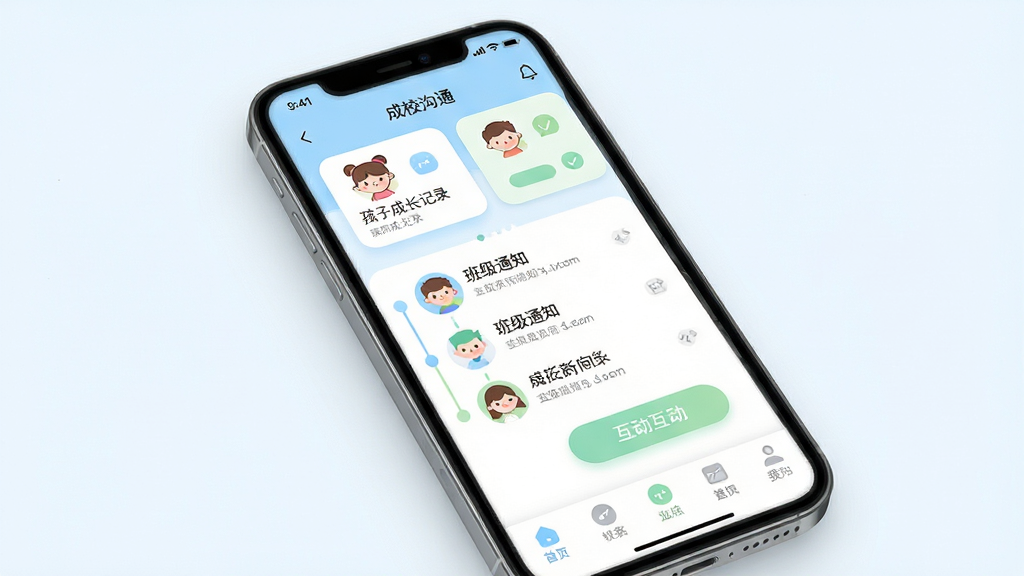 在成长软件主界面展示,主体为一部智能手机,屏幕中显示家校沟通应用界面,包含孩子成长记录卡片、班级通知列表与互动按钮;布局采用居中构图,手机略微倾斜;排版清晰,上方为状态栏,中部为成长时间轴,底部为导航菜单;风格为现代简约清新风,配色以浅蓝、白色和淡绿色为主;细节包括圆角图标、柔和阴影、卡通风格的孩子头像;画质高清,干净,无多余元素。