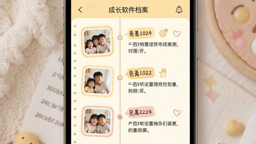 在成长软件成长档案页面展示,主体为手机屏幕,屏幕中显示时间轴形式的成长记录,包含照片缩略图、文字描述与日期标签;布局为纵向列表;排版疏朗有致;风格为温暖手账风,配色以米白、淡黄和浅粉为主;细节包括圆角相框、手写字体标签、小图标;画质高清,干净,无多余元素。