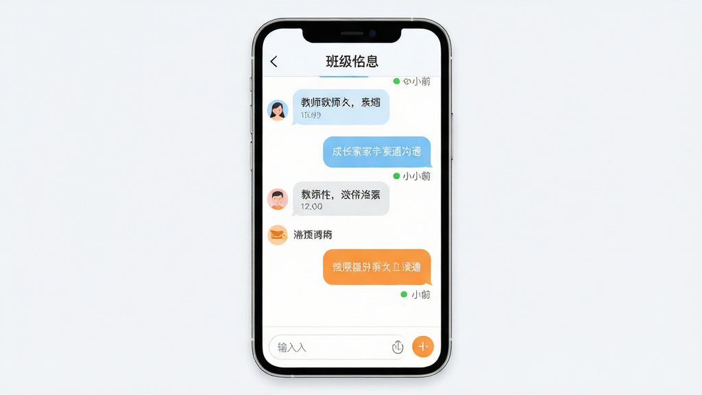 在成长软件家校沟通功能界面展示,主体为手机屏幕,屏幕中显示教师与家长的对话气泡、通知卡片与已读状态标识;布局为上下结构,上方为班级名称,中部为消息流,底部为输入框;排版整洁有序;风格为清爽扁平化设计,配色以白色、浅蓝和橙色点缀为主;细节包括圆角消息气泡、小头像、时间戳;画质高清,干净,无多余元素。