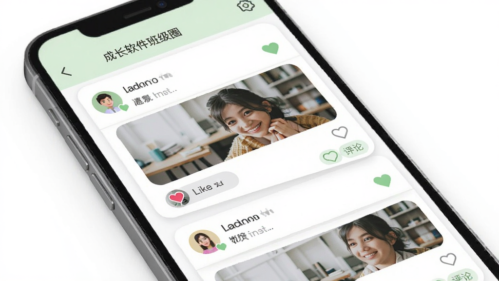 在成长软件班级圈界面展示,主体为手机屏幕,屏幕中显示动态信息流,包含图片、文字、点赞与评论按钮;布局为卡片式列表;排版清晰;风格为社交应用常见的清新风格,配色以白色、浅绿和灰色为主;细节包括圆形头像、心形点赞图标、评论气泡;画质高清,干净,无多余元素。