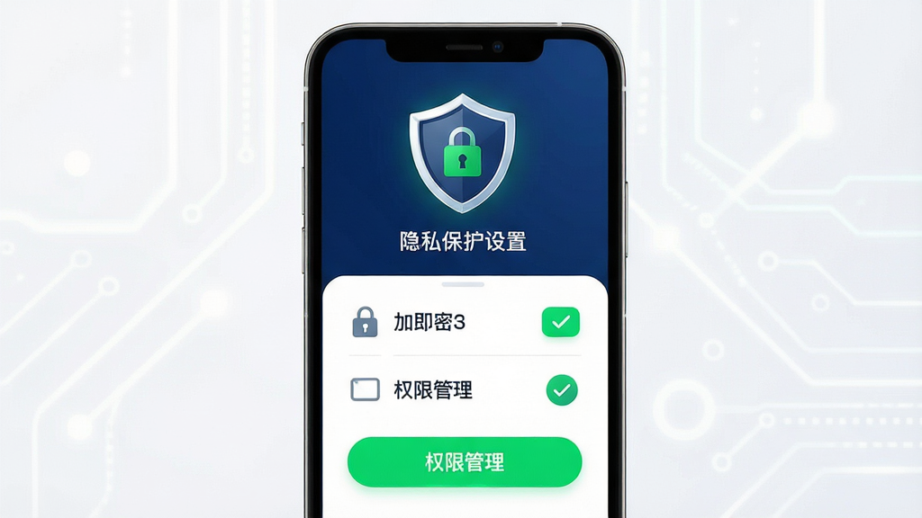 在成长软件安全设置页面展示,主体为手机屏幕,屏幕中显示隐私保护盾牌图标、加密锁标识与权限管理选项;布局为居中图标加下方列表;排版简洁;风格为科技安全风,配色以深蓝、白色和亮绿色为主;细节包括盾牌图形、对勾标记、圆角按钮;画质高清,干净,无多余元素。