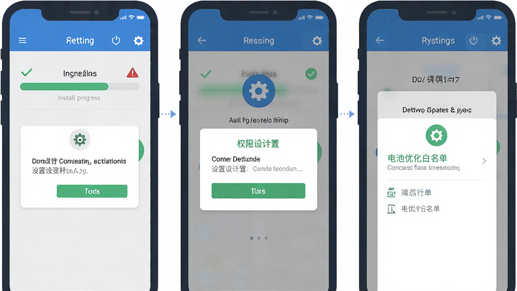 在成长软件安装与设置流程示意图,主体为手机屏幕,屏幕中显示安装进度条、权限设置弹窗与电池优化白名单界面;布局为三屏并排展示;排版清晰;风格为扁平化教程风,配色以蓝色、白色和绿色为主;细节包括对勾图标、警告三角、设置齿轮;画质高清,干净,无多余元素。