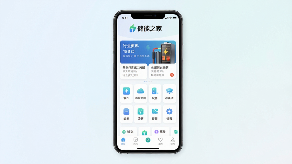 一张手机屏幕展示储能之家应用主界面的预览图,画面中央是应用首页布局,顶部显示储能之家文字标识,中部排列行业资讯卡片和功能入口图标,底部为导航栏,背景为浅色渐变,风格简洁现代,细节清晰,画质干净,无多余元素