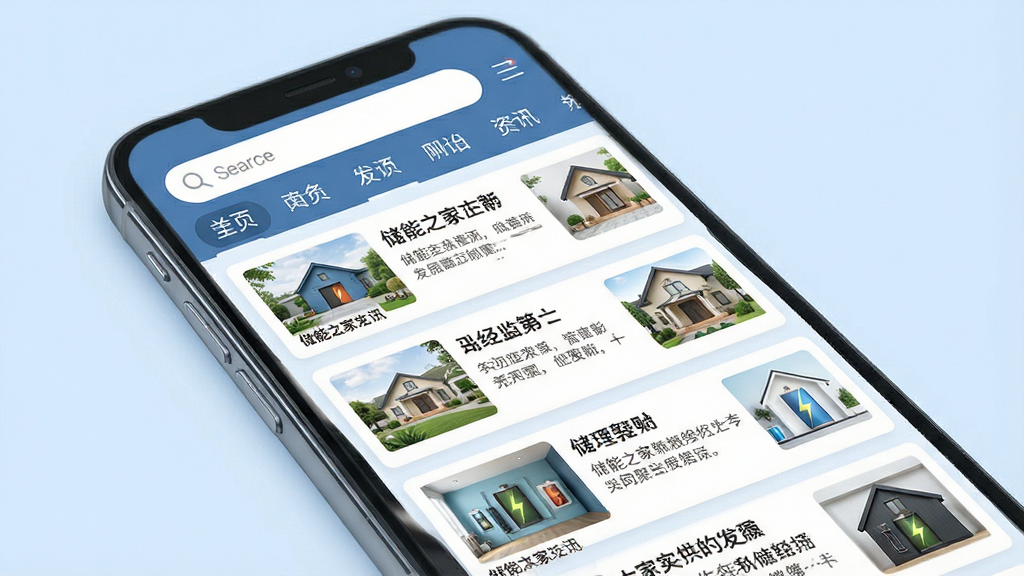 一幅展示储能之家资讯聚合功能的插图,画面主体为手机屏幕内排列整齐的新闻卡片列表,每张卡片包含标题、摘要和缩略图,屏幕上方有搜索框和分类标签栏,背景为柔和的浅蓝色调,风格简约商务,细节清晰,画质干净,无多余元素