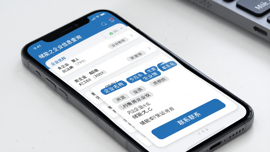 一张储能之家企业信息查询页面的界面展示图,画面中手机屏幕显示企业列表和详情卡片,包含企业名称、业务标签和联系按钮,界面布局规整,配色以白色和蓝色为主,风格专业简洁,细节清晰,画质干净,无多余元素