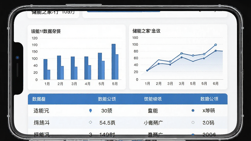 一张储能之家行业数据展示页面的预览图,画面中手机屏幕显示柱状图和折线图,图表下方有数据列表,界面配色以蓝白为主,风格简约商务,细节清晰,画质干净,无多余元素
