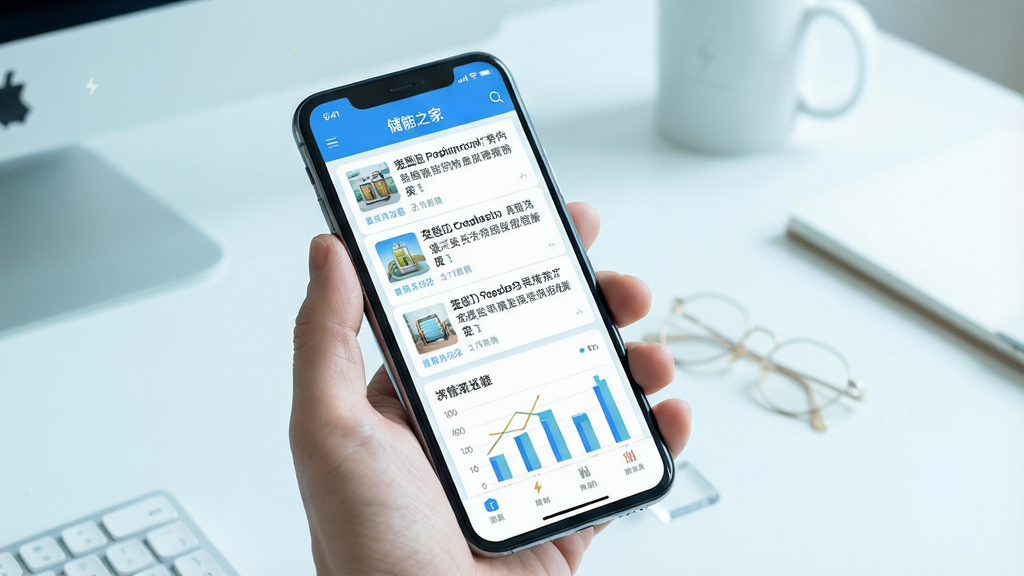 一张展示储能之家在手机上流畅运行的场景图,画面主体为手持手机浏览应用界面,屏幕中显示资讯列表和图表内容,背景为简洁的桌面环境,风格清新浅色,细节清晰,画质干净,无多余元素