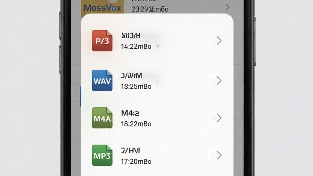 MossVox多格式音频导入功能示意图,画面展示手机屏幕弹出文件选择窗口,列表中显示多种音频格式图标,包括MP3、WAV、M4A,背景为浅灰色,风格简洁商务,细节包含文件大小与时长信息,画质清晰,无多余装饰