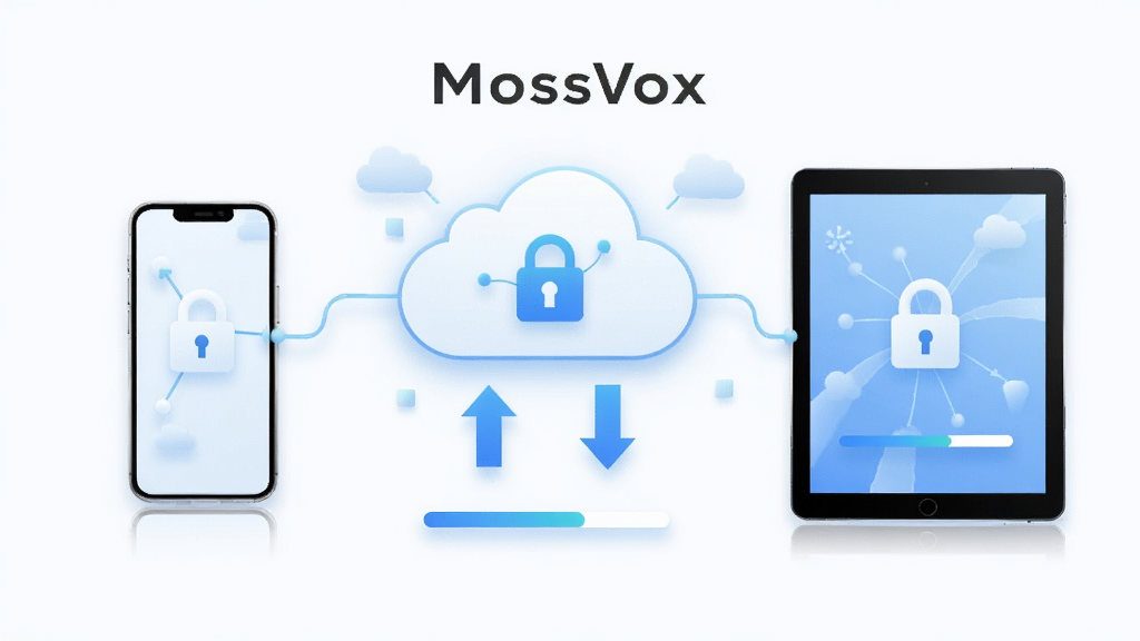 MossVox云端同步功能概念图,画面中央为手机与平板电脑通过云朵图标连接,云朵下方有数据上传下载箭头,布局对称,风格科技感,色调为浅蓝与白色,细节包含锁形安全图标和同步进度条,画质清晰,无杂乱背景
