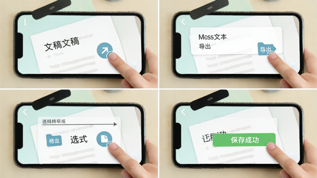 MossVox转写文本导出操作步骤示意图,画面为手机屏幕四格分镜,依次展示打开文稿、点击导出、选择格式、保存成功四个步骤,布局为田字格排列,风格清新浅色,细节包含手指点击图标和文件图标,画质清晰,无多余装饰