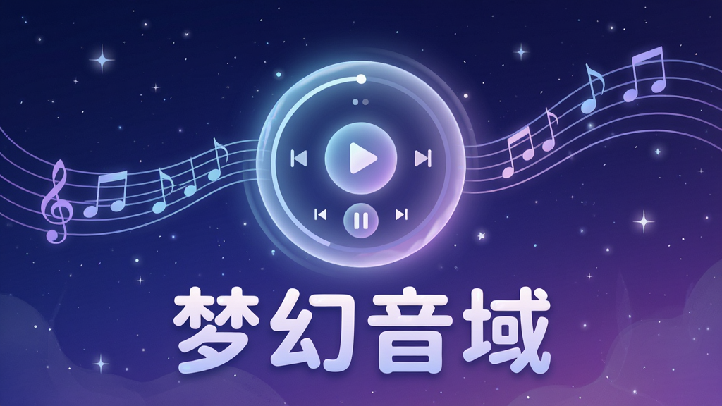 一幅梦幻风格的音乐主题插画,画面中央是一个发光的圆形音乐播放器界面,周围环绕着流动的五线谱和音符,背景是深蓝到紫色的渐变星空,点缀着细碎的星光。播放器下方有