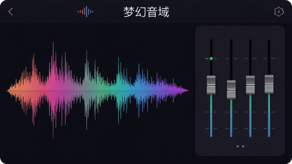一张展示音频波形与均衡器调节界面的图片,画面左侧是跳动的彩色音频波形,右侧是垂直排列的均衡器推子,界面风格简洁现代,顶部有