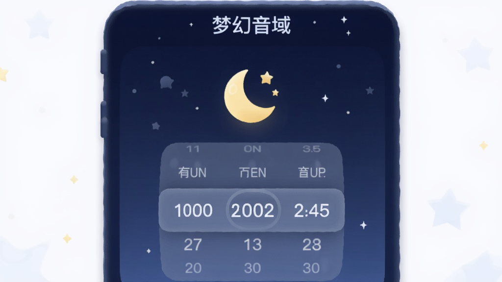 一张展示睡眠定时设置界面的图片,画面中有月亮和星星的图标,下方是时间选择滚轮,整体色调为深蓝色,界面顶部有