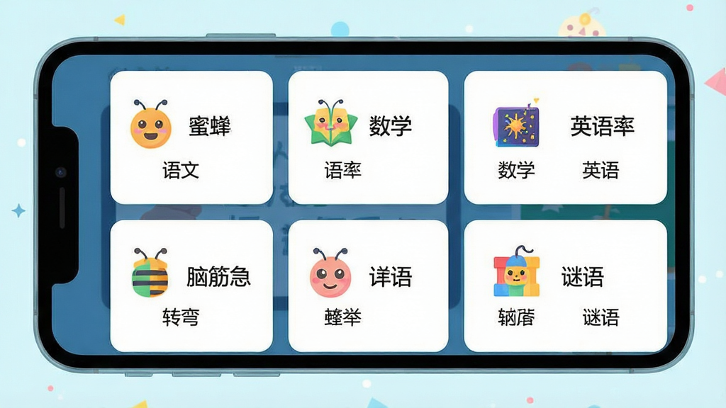 一张展示蜜蜂答题软件题库分类页面的横向手机截图风格插画,画面主体为手机屏幕中列出多个题库分类卡片,包括语文、数学、英语、脑筋急转弯、谜语等图标,布局为两列网格排列,排版整齐,风格为清新明亮的扁平化设计,细节上每个分类卡片带有彩色小图标,画质高清,画面干净,无多余元素