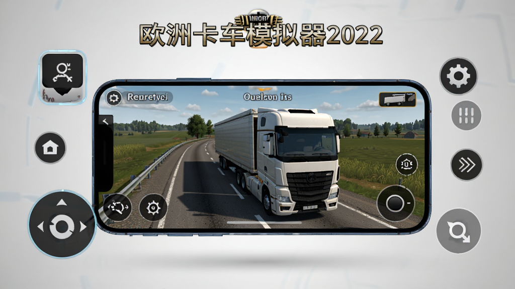 一部智能手机横屏显示欧洲卡车模拟器2022的游戏画面,画面中是一辆卡车行驶在乡间公路上,手机周围有设置菜单和操控按钮的图标漂浮,背景是浅灰色渐变,风格简洁科技感,画质高清,画面干净,无多余元素,图片中打文字“欧洲卡车模拟器2022”