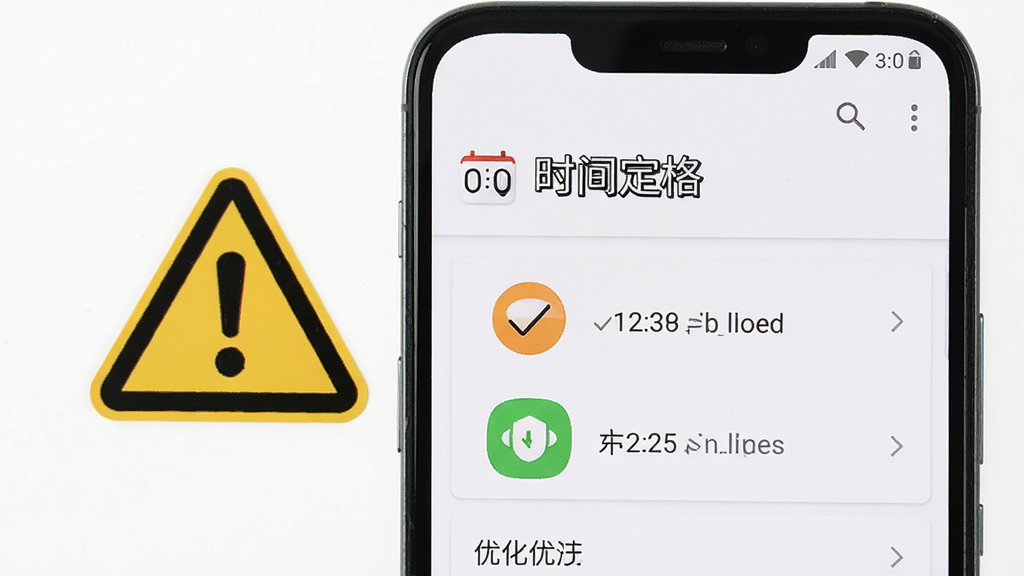一部安卓手机显示时间定格应用设置界面,旁边有警示标志和优化提示图标,画面风格简洁明了,突出