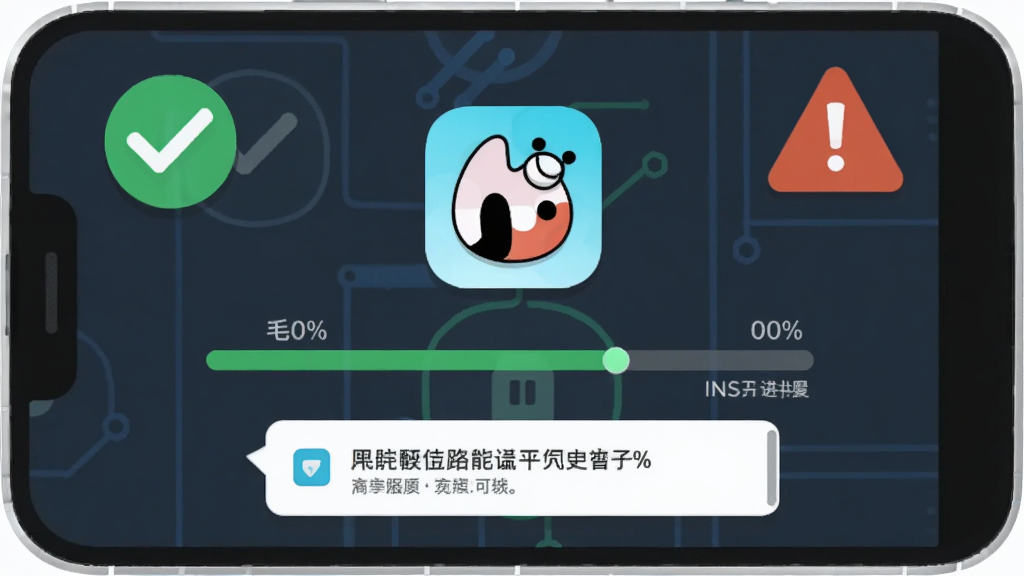 毛球在家安卓手机安装界面截图风格,手机屏幕显示应用安装进度条和毛球图标,周围有对勾和警告图标,布局居中,风格为扁平化科技插画,细节包括手机边框、进度百分比、权限提示气泡,画质高清干净无多余元素