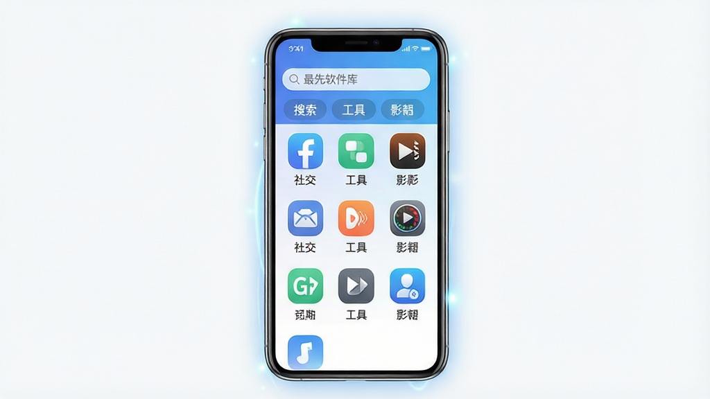 一张手机屏幕正面展示图,画面中央是最先软件库应用的主界面,顶部有搜索栏,中间是网格状软件图标排列,包含社交、工具、影音等分类标签,界面风格清爽简洁,主色调为蓝白渐变,手机周围有轻微光效点缀,背景干净无多余元素,画质清晰,文字使用中文标注