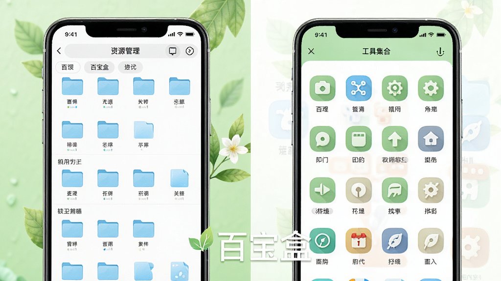 百宝盒软件功能展示图,画面分为左右两部分,左侧是手机屏幕显示资源管理界面,文件按类型整齐分类排列,右侧是手机屏幕显示工具集合页面,多个小工具图标有序分布,整体配色为白色和浅绿色搭配,风格清新自然,画面中带有