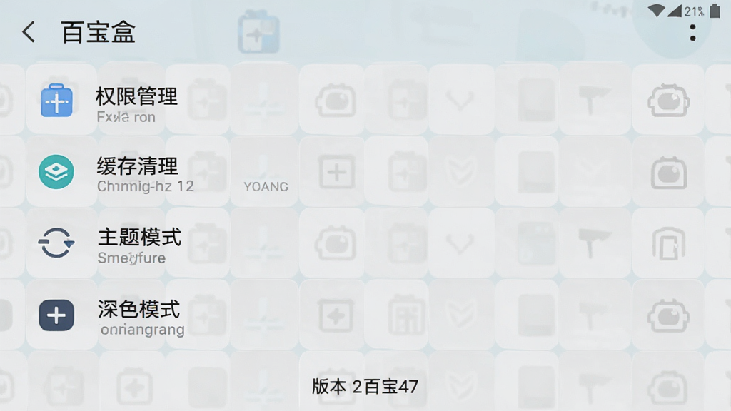 一张手机屏幕截图展示百宝盒的设置页面,画面中可以看到权限管理、缓存清理、主题切换、深色模式等选项,界面底部有版本号信息,整体设计简洁明了,背景为浅灰色,文字清晰,画面干净无杂乱元素,应用名称