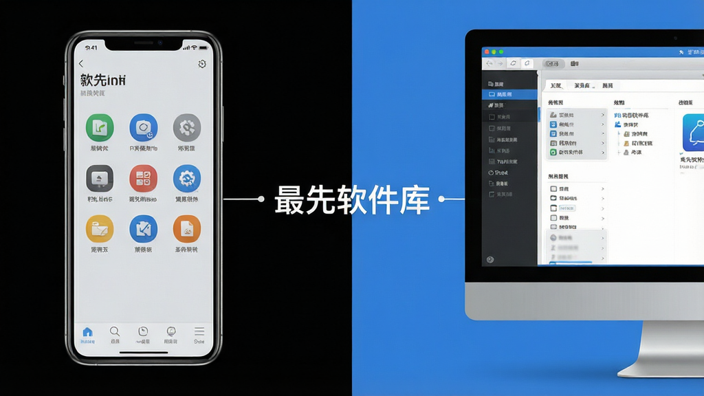 一张手机与电脑对比的合成图,左侧手机展示最先软件库的轻量界面,右侧电脑屏幕显示资源管理后台,画面中间用简洁线条连接,整体风格商务简约,主色调为浅灰与蓝色,画面中文字标注