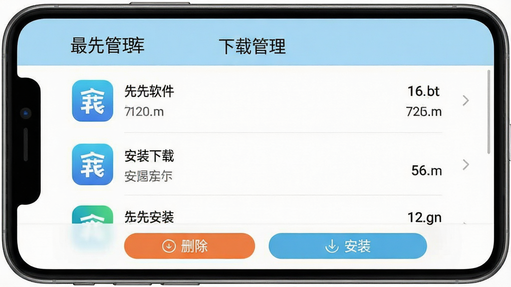 一张手机界面展示图,画面中是最先软件库的下载管理页面,列表显示多个已下载完成的软件安装包,每个条目包含软件图标、名称和文件大小,顶部有