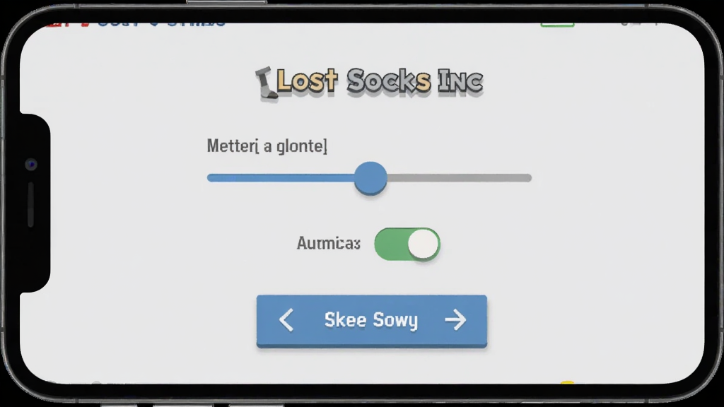 手机屏幕显示Lost Socks Inc游戏设置界面,画面中有画质调节滑块、音效开关和账号绑定按钮,背景是简洁的浅灰色设置面板,风格为扁平化UI设计,细节包括图标阴影和文字排版,画质清晰干净,无多余元素