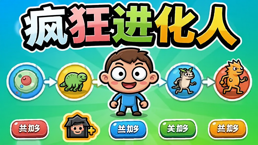 一个卡通风格的进化小人站在画面中央,周围环绕着从单细胞到高级形态的进化链条图标,背景是明亮的蓝绿色渐变,画面上方用大字写着