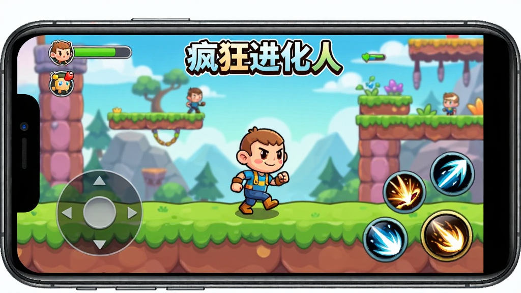 一部智能手机横屏显示游戏画面,画面中一个卡通进化小人正在闯关,屏幕左下角显示虚拟摇杆,右下角显示技能按钮,背景是游戏关卡场景,画面顶部标注