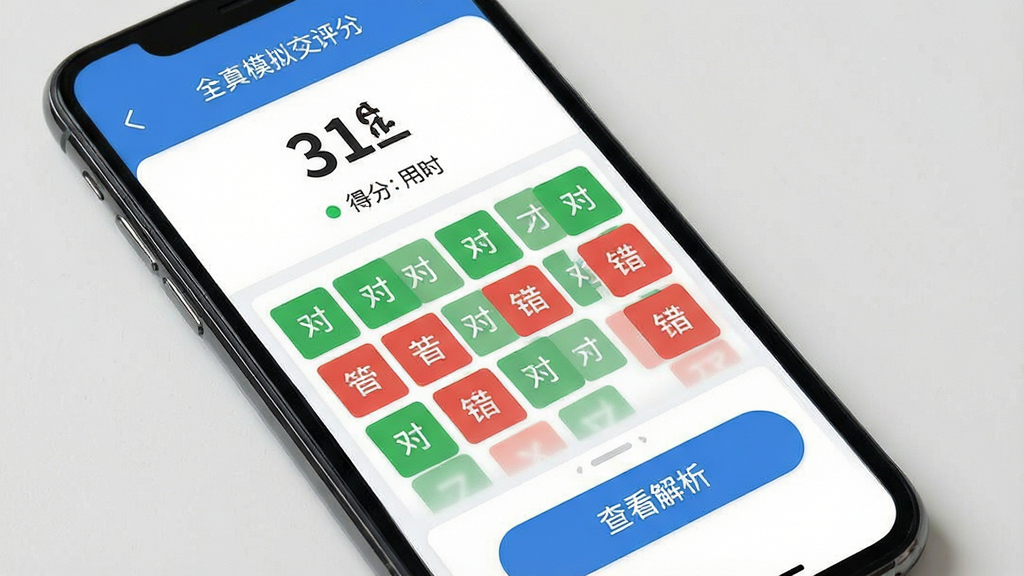 天天驾考全真模拟考试功能展示,主体为手机屏幕中的模拟考试交卷评分页面,布局上顶部显示得分与用时,中部为答题卡网格,绿色代表答对、红色代表答错,底部为查看解析按钮,排版清晰,风格为现代教育类应用界面,细节包含分数大字、答题卡色块、解析入口按钮,画质清晰,干净,无多余元素