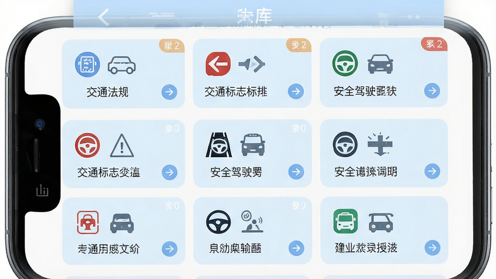 天天驾考分类专项练习功能展示,主体为手机屏幕中的题库分类列表页面,布局上纵向排列多个分类卡片,每个卡片包含图标与文字标签,如交通法规、交通标志、安全驾驶等,排版疏朗,风格为淡蓝色调学习类应用界面,细节包含分类图标、题目数量角标、进入箭头,画质清晰,干净,无多余元素