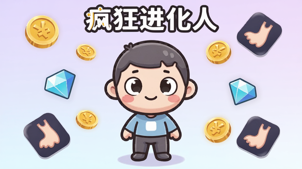 一个卡通进化小人站在画面中间,周围漂浮着金币、钻石和皮肤图标,背景是浅紫色渐变,画面中带有