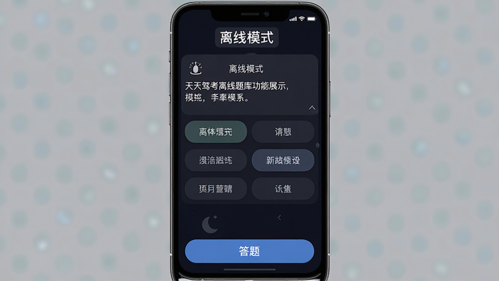 天天驾考离线题库功能展示,主体为手机屏幕中的离线练习模式界面,布局上顶部显示离线模式标识,中部为题目内容与选项,底部为答题操作按钮,排版简洁,风格为深色护眼模式应用界面,细节包含离线图标、题目文字、选项按钮、夜间配色,画质清晰,干净,无多余元素