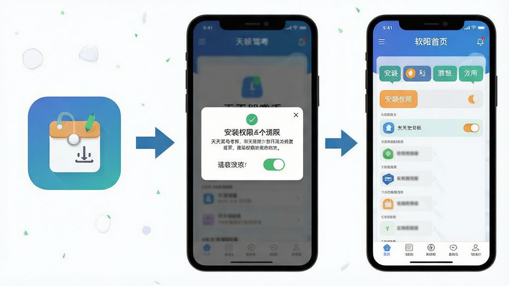 天天驾考新手安装使用步骤示意图,主体为手机屏幕与安装流程的组合画面,布局上左侧为下载安装包图标,中部为安装权限提示弹窗,右侧为软件首页界面,排版从左到右递进,风格为扁平化教程图示,细节包含安装箭头、权限开关按钮、首页科目标签,画质清晰,干净,无多余元素