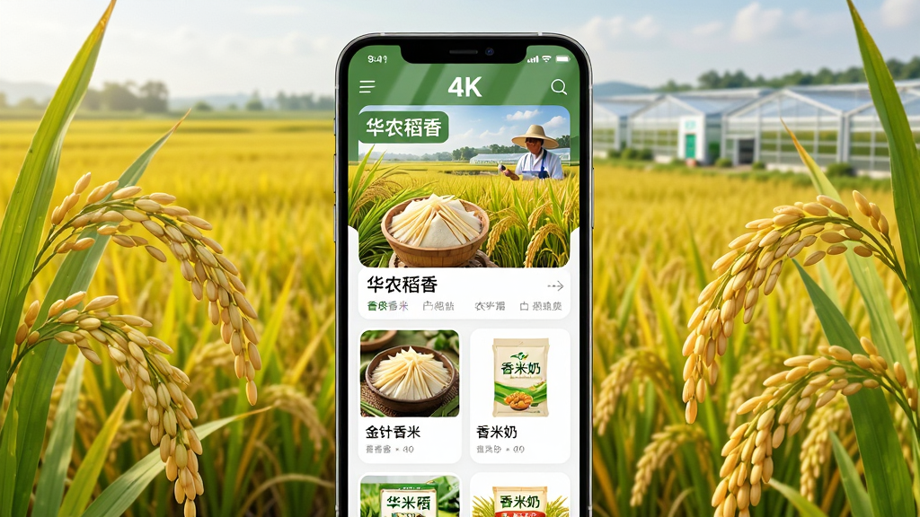 画面主体为一款智能手机,屏幕中清晰展示“华农稻香”APP的首页界面,界面中包含金针香大米、香米奶等农产品商品卡片,背景为一片金黄色的稻田与现代化农业基地,布局采用居中构图,手机置于画面中央,四周环绕着饱满的稻穗与绿色叶片,风格为现代扁平化UI展示风格,细节上手机屏幕带有轻微反光质感,商品图片清晰诱人,画质为4K超高清,画面干净整洁,无多余杂乱元素。