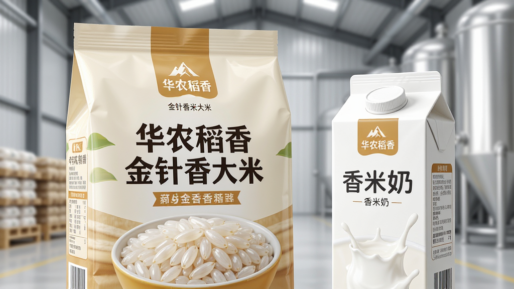 画面主体为一袋包装精美的“华农稻香金针香大米”与一盒香米奶并排摆放,背景为整洁的现代化粮仓内部,布局采用近景特写,大米颗粒饱满晶莹,牛奶盒设计简约,风格为商业产品摄影风格,细节上光线柔和,突出产品包装上的品牌标识,画质为8K超高清,画面干净,无多余元素。