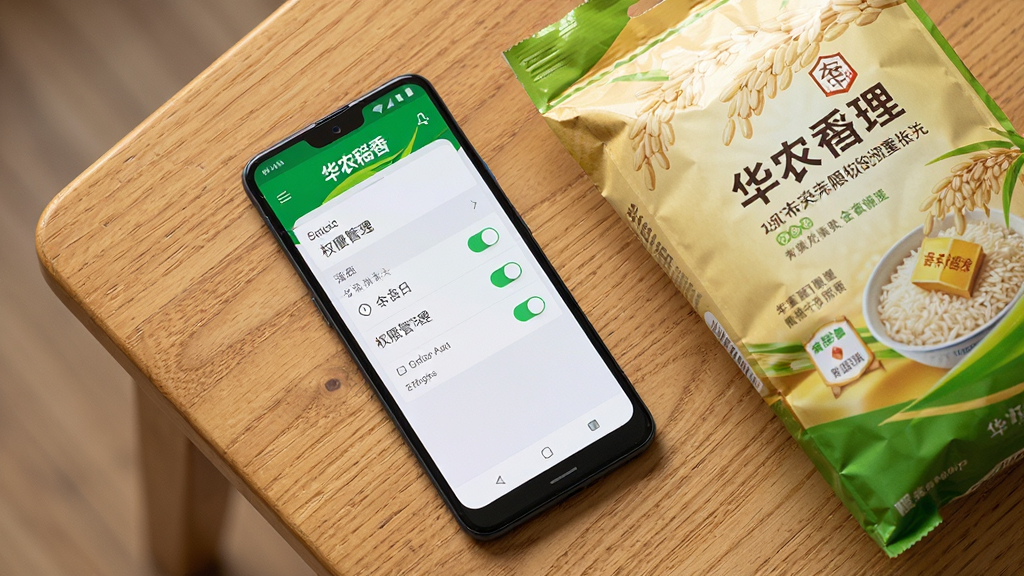 画面主体为一部安卓手机放置在木质桌面上,屏幕显示“华农稻香”APP的权限管理设置界面,旁边放着一袋金针香大米作为点缀,布局采用俯视角度,风格为数码生活摄影风格,细节上手机屏幕显示清晰的权限开关按钮,光线自然,画质为4K超高清,画面干净,无多余元素。