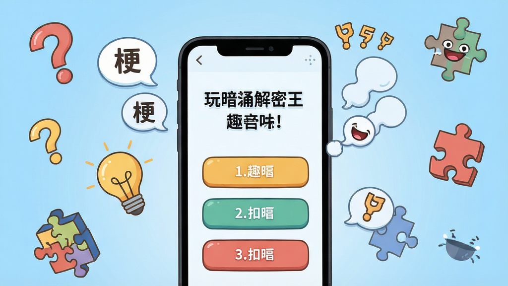 玩梗暗涌解密王软件主界面截图风格化展示,画面中央放置一部智能手机,手机屏幕显示趣味问答题目和四个选项按钮,周围环绕着问号、灯泡、拼图方块等解谜元素,背景为浅蓝色渐变,整体布局简洁明快,风格为扁平化卡通插画,细节包含悬浮的梗字气泡和笑声符号,画质高清,画面干净,无多余元素