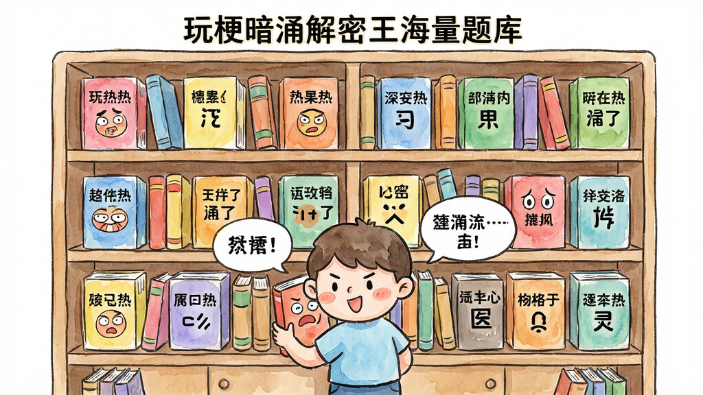 玩梗暗涌解密王海量题库界面展示,画面主体为一个巨大的虚拟书架,书架上摆满标注着各类网络热梗名称的彩色书籍,书架前有一个卡通人物正在翻阅书籍,布局采用对称式构图,风格为手绘水彩风,细节包含书籍封面上的搞笑表情和对话框,画质高清,画面干净,无多余元素