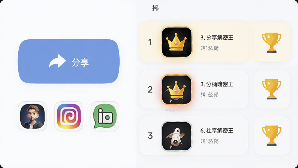 玩梗暗涌解密王社交分享与排行榜界面,画面左侧为分享按钮和社交平台图标,右侧为排行榜列表,前三名有皇冠标识,布局为左右分栏式,风格为现代简约风,细节包含分享箭头和奖杯图标,画质高清,画面干净,无多余元素
